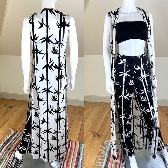 Vintage 70s Bamboo Novelty Pants Vest Duster Set Suit Polyester S Small 1970s - Picture 1 of 11